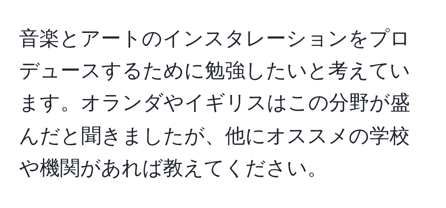 音楽とアートのインスタレーションをプロデュースするために勉強したいと考えています。オランダやイギリスはこの分野が盛んだと聞きましたが、他にオススメの学校や機関があれば教えてください。