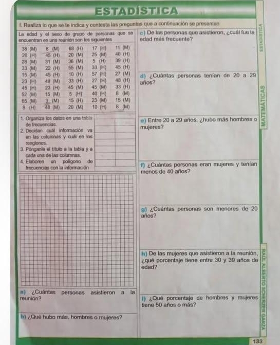 Estadística
f. Realiza lo que se te indica y contesta las preguntas que a continuación se presentan
La edad y el sexo de grupo de personas que se c) De las personas que asistieron, ¿cuál fue la
encuentran en una reunión son los siguientes edad más frecuente?
38 (M) 8 (M) 68 (H) 17 (H) 11 (M)
20 (H) 45 (H) 20 (M) 25 (M) 40 (H)
5 (H) 39 (H)
28 (M) 31 (M) 36 (M) 33 (H) 45 (H)
33 (M) 22 (H) 55 (M)
15 (M) 45 (H) 10 (H) 57 (H) 27 (M)
23 (H) 49 (M) 33 (H) 27 (H) 48 (H) d) ¿Cuântas personas tenían de 20 a 29
45 (H) 23 (H) 45 (M) 45 (M) 33 (H) años?
52 (M) 15 (M) 5 (H) 40 (H) 8 (M)
65 (M) 3., (M) 15 (H) 23 (M) 15 (M)
B (H) 48 (M) 20 (M) 10 (H) 8 (M)
1. Organiza los datos en una tabla e) Entre 20 a 29 años, ¿hubo más hombres o
de frecuencias.
2. Decidan cuál información va mujeres?
en las columnas y cuál en los
rengiones
3. Pónganle el título a la tabla y a
cada una de las columnas.
4. Elaboren un polígono de f) ¿Cuântas personas eran mujeres y tenían
frecuencias con la información menos de 40 años?
g) ¿Cuántas personas son menores de 20
años?
h) De las mujeres que asistieron a la reunión,
¿qué porcentaje tiene entre 30 y 39 años de
edad?
a) ¿Cuântas personas asistieron a la
reunion? I) ¿Qué porcentaje de hombres y mujeres
tiene 50 años o más?
b) ¿Quê hubo más. hombres o mujeres?
133