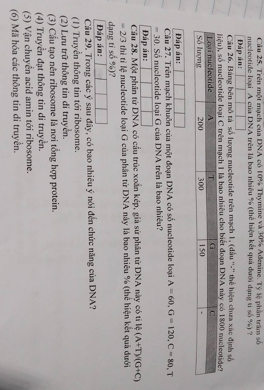 Trên một mạch của DNA có 10% Thymine và 30% Adenine. Tỷ lệ phần trăm số
nucleotide loại A của DNA trên là bao nhiêu % (thể hiện kết quả dưới dạng ti số %) ?
Đáp án:
Câu 26. Bảng bên mô tả số lượng nucleotide trên mạch 1, (dấu “-” thể hiện chưa xác định số
số nucleotide C trên mạch 1 là bao nhiêu cho biết đoạn DNA này có 1800 nucleotide?
Đáp án:
Câu 27. Trên mạch khuôn của một đoạn DNA có số nucleotide loại A=60, G=120, C=80 , T
=30. Số nucleotide loại G của DNA trên là bao nhiêu?
Đáp án:
Câu 28. Một phân tử DNA có cấu trúc xoắn kép, giả sử phân tử DNA này có tỉ lệ lhat e(A+T)/(G+C)
=2/3 thì tỉ lệ nucleotide loại G của phân tử DNA này là bao nhiêu % (thể hiện kết quả dưới
dạng ti số %)?
Đáp án:
Câu 29. Trong các ý sau đây, có bao nhiêu ý nói đến chức năng của DNA?
(1) Truyền thông tin tới ribosome.
(2) Lưu trữ thông tin di truyền.
(3) Cấu tạo nên ribosome là nơi tổng hợp protein.
(4) Truyền đạt thông tin di truyền.
(5) Vận chuyền acid amin tới ribosome.
(6) Mã hóa các thông tin di truyền.