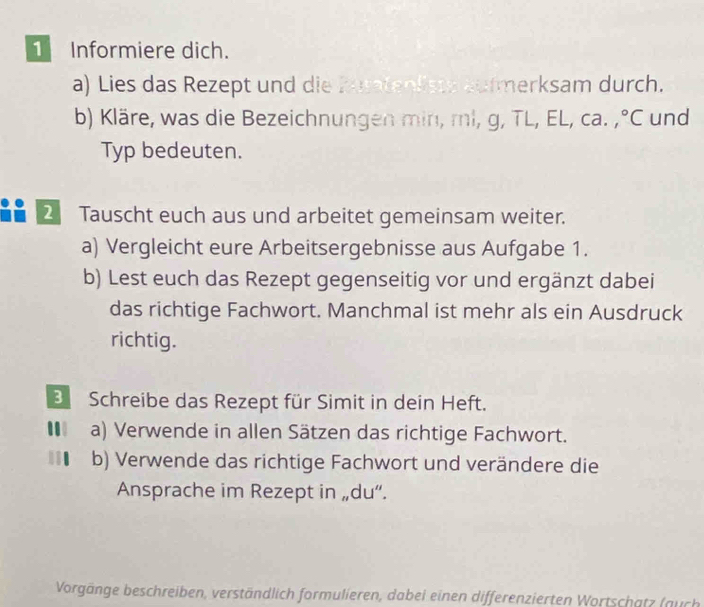 Informiere dich. 
a) Lies das Rezept und die kuratenlists aufmerksam durch. 
b) Kläre, was die Bezeichnungen min, ml, g, TL, EL, ca. , °C und 
Typ bedeuten. 
■■ 2 Tauscht euch aus und arbeitet gemeinsam weiter. 
a) Vergleicht eure Arbeitsergebnisse aus Aufgabe 1. 
b) Lest euch das Rezept gegenseitig vor und ergänzt dabei 
das richtige Fachwort. Manchmal ist mehr als ein Ausdruck 
richtig. 
Schreibe das Rezept für Simit in dein Heft. 
a) Verwende in allen Sätzen das richtige Fachwort. 
b) Verwende das richtige Fachwort und verändere die 
Ansprache im Rezept in „du“. 
Vorgänge beschreiben, verständlich formulieren, dabei einen differenzierten Wortschatz (auch