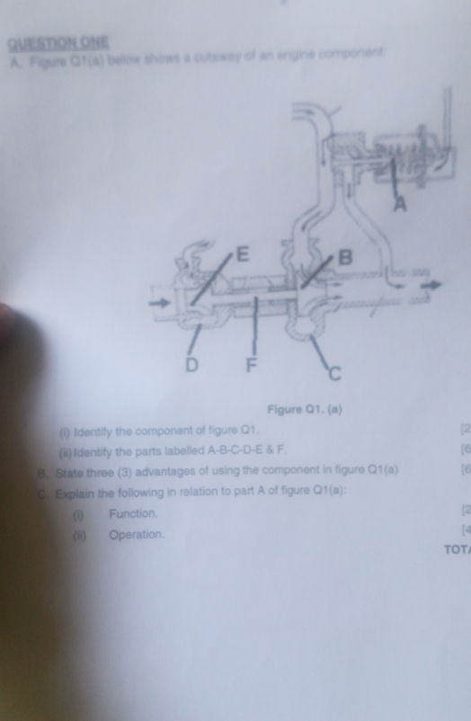 QUESTION ONE 
A. Figure Q1(a) below shows a cuteway of an engine component: 
Figure Q1. (a) 
(i) Identify the component of figure Q1. 
[2 
(ii) Identify the parts labelled A-B-C-D-E & F. [6 
B. State three (3) advantages of using the component in figure Q1(a) [6 
C. Explain the following in relation to part A of figure Q1(a): 
(i) Function. 
2 
(ii) Operation. 4 
TOT