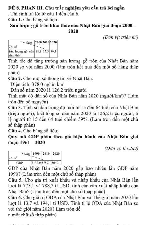 ĐÈ 8. PHÀN III. Câu trắc nghiệm yêu cầu trả lời ngắn
. Thí sinh trả lời từ câu 1 đến câu 6.
Câu 1. Cho bảng số liệu.
Sản lượng gỗ tròn khai thác của Nhật Bản giai đoạn 2000 -
2020
(Đơn vị: triệu m')
Tính tốc độ tăng trưởng sản lượng gỗ tròn của Nhật Bản năm
2020 so với năm 2000 (làm tròn kết quả đến một số hàng thập
phân)
Câu 2. Cho một số thông tin về Nhật Bản:
Diện tích: 378,0 nghìn km²
Dân số năm 2020 là 126,2 triệu người
Tính mật độ dân số của Nhật Bản năm 2020 (người/km²)? (Làm
tròn đến số nguyên)
Câu 3. Tính số dân trong độ tuổi từ 15 đến 64 tuổi của Nhật Bản
(triệu người), biết tổng số dân năm 2020 là 126,2 triệu người, tỉ
lệ người từ 15 đến 64 tuổi chiếm 59%. (Làm tròn đến một chữ
số thập phân)
Câu 4. Cho bảng số liệu:
Quy mô GDP phân theo giá hiện hành của Nhật Bản giai
đoạn 1961 - 2020
(Đơn vị: tỉ USD)
GDP của Nhật Bản năm 2020 gấp bao nhiêu lần GDP năm
1990? (Làm tròn đến một chữ số thập phân)
Câu 5. Cho giá trị xuất khẩu và nhập khẩu của Nhật Bản lần
lượt là 775,1 và 788,7 tỉ USD, tính cán cân xuất nhập khẩu của
Nhật Bản? (Làm tròn đến một chữ số thập phân)
Câu 6. Cho giá trị ODA của Nhật Bản và Thế giới năm 2020 lần
lượt là 13,7 và 194,1 tỉ USD. Tính tỉ lệ ODA của Nhật Bản so
với thế giới năm 2020? Làm tròn đế
n một chữ số thập phân)