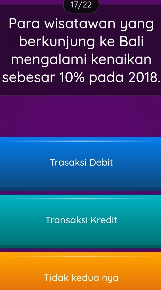 17/22
Para wisatawan yang
berkunjung ke Bali
mengalami kenaikan
sebesar 10% pada 2018.
Trasaksi Debit
Transaksi Kredit
Tidak kedua nya