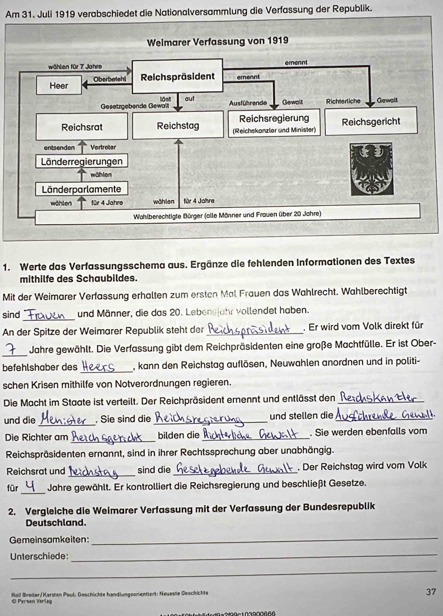 Am 31. Juli 1919 verabschiedet die Nationalversammlung die Verfassung der Republik. 
1. Werte das Verfassungsschema aus. Ergänze die fehlenden Informationen des Textes 
mithilfe des Schaubildes. 
Mit der Weimarer Verfassung erhalten zum ersten Mal Frauen das Wahlrecht. Wahlberechtigt 
_ 
sind und Männer, die das 20. Lebenejahr vollendet haben. 
An der Spitze der Weimarer Republik steht der _. Er wird vom Volk direkt für 
_ 
Jahre gewählt. Die Verfassung gibt dem Reichpräsidenten eine große Machtfülle. Er ist Ober- 
befehlshaber des _, kann den Reichstag auflösen, Neuwahlen anordnen und in politi- 
schen Krisen mithilfe von Notverordnungen regieren. 
Die Macht im Staate ist verteilt. Der Reichpräsident ernennt und entlässt den_ 
und die _. Sie sind die _und stellen die_ 
Die Richter am _bilden die_ . Sie werden ebenfalls vom 
Reichspräsidenten ernannt, sind in ihrer Rechtssprechung aber unabhängig. 
Reichsrat und _sind die_ . Der Reichstag wird vom Volk 
_ 
für Jahre gewählt. Er kontrolliert die Reichsregierung und beschließt Gesetze. 
2. Vergleiche die Weimarer Verfassung mit der Verfassung der Bundesrepublik 
Deutschland. 
Gemeinsamkeiten:_ 
Unterschiede: 
_ 
_ 
Rolf Breiter/Karsten Paul: Geschichte handlungsorientiert: Neueste Geschichte 
37 
© Persen Verlag 
a2f99c103900666