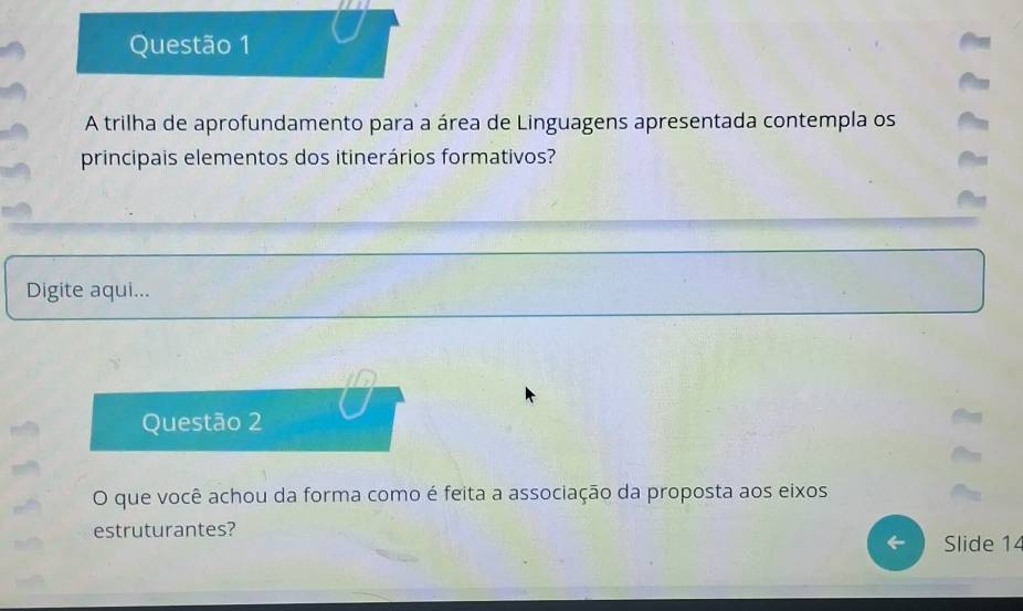 A trilha de aprofundamento para a área de Linguagens apresentada contempla os 
principais elementos dos itinerários formativos? 
Digite aqui... 
Questão 2 
O que você achou da forma como é feita a associação da proposta aos eixos 
estruturantes? 
Slide 14