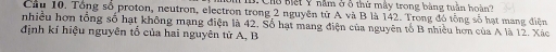 Chu Biết Y nằm ở ô thứ mây trong bàng tuần hoàn? 
Cầu 10. Tổng số proton, neutron, electron trong 2 nguyên từ A và B là 142. Trong đó tổng số hạt mang điện 
nhiều hơn tông số hạt không mạng điện là 42. Số hạt mang điện của nguyên tổ B nhiều hơn của A là 12. Xác 
định kí hiệu nguyên tổ của hai nguyên tử A, B