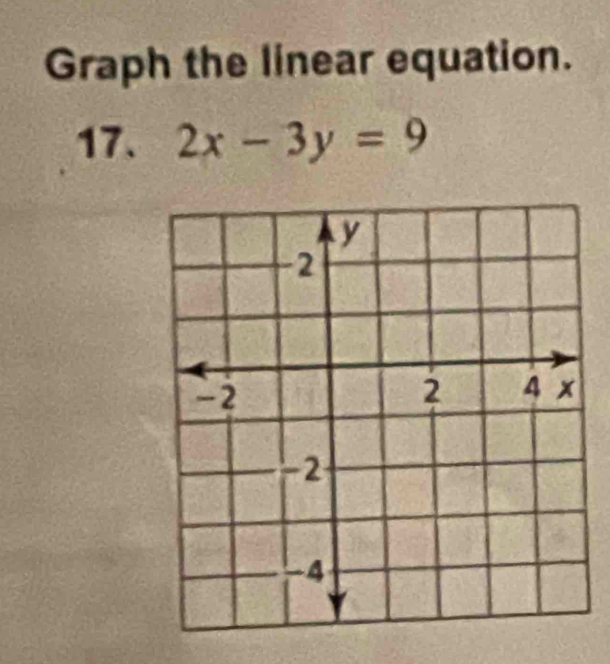 Graph the linear equation. 
17. 2x-3y=9