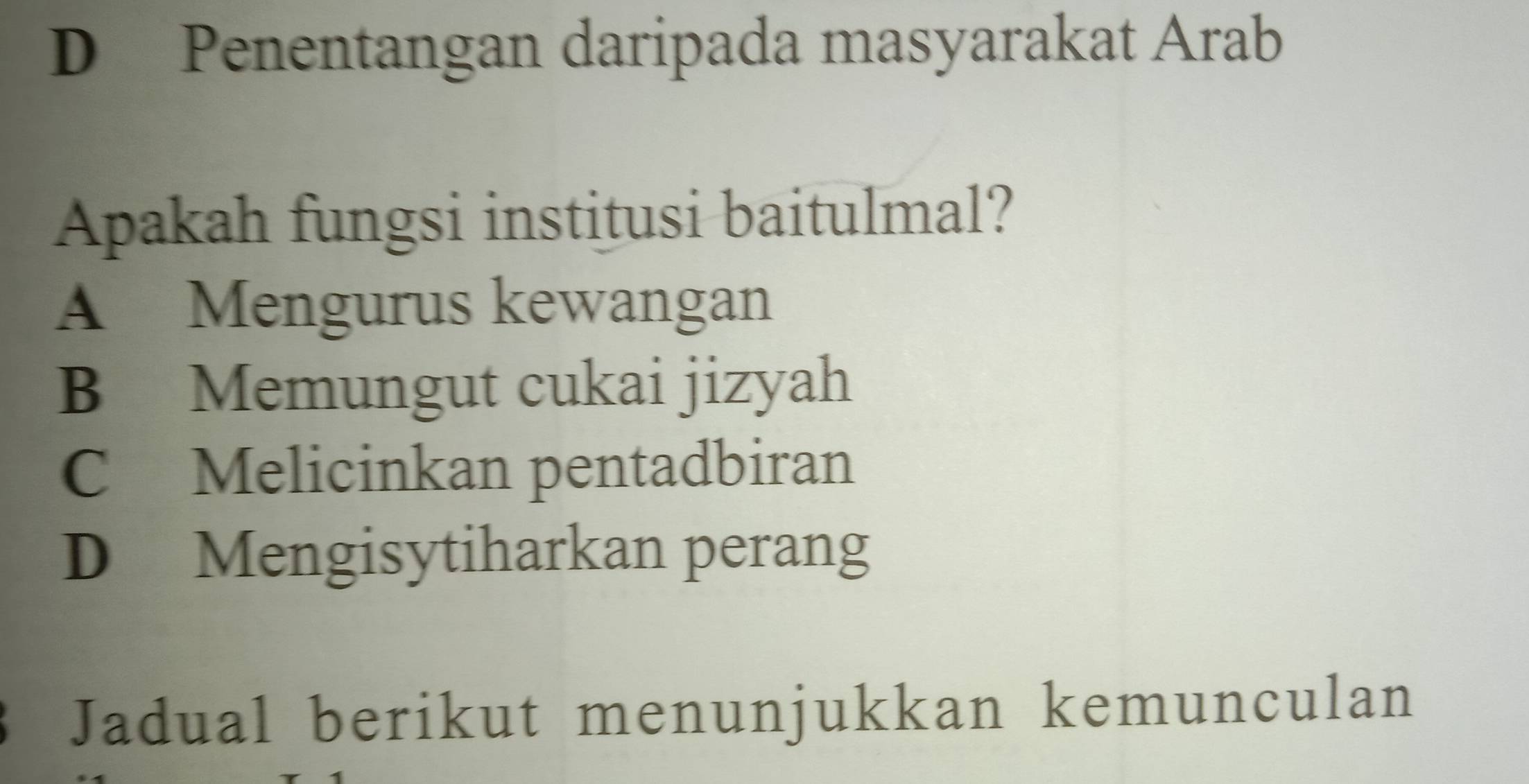 D Penentangan daripada masyarakat Arab
Apakah fungsi institusi baitulmal?
A Mengurus kewangan
B Memungut cukai jizyah
C Melicinkan pentadbiran
D Mengisytiharkan perang
Jadual berikut menunjukkan kemunculan