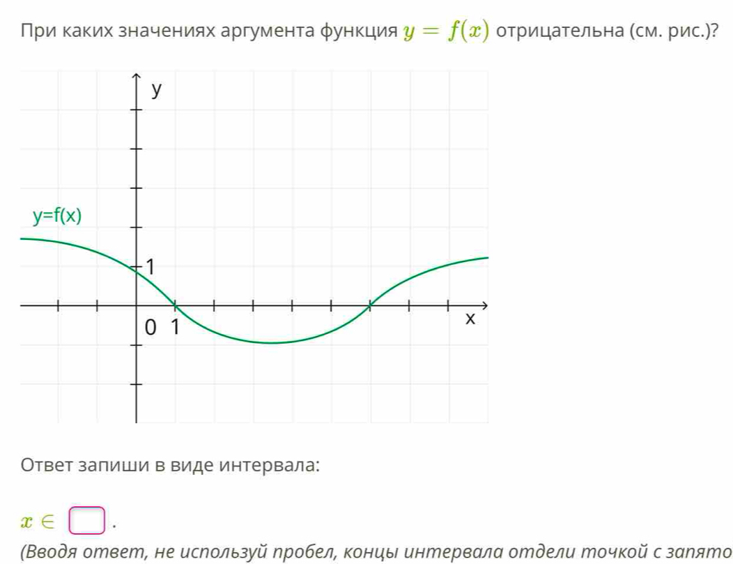 Πриα κаκих значениях аргумента φункция y=f(x) отрицательна (см. рис.)?
Ответ залиши в Βиде интервала:
x∈ □ .
(Βводя ответ, не исрользуй ηробел, концы интервала отдели Мочкой с зарято