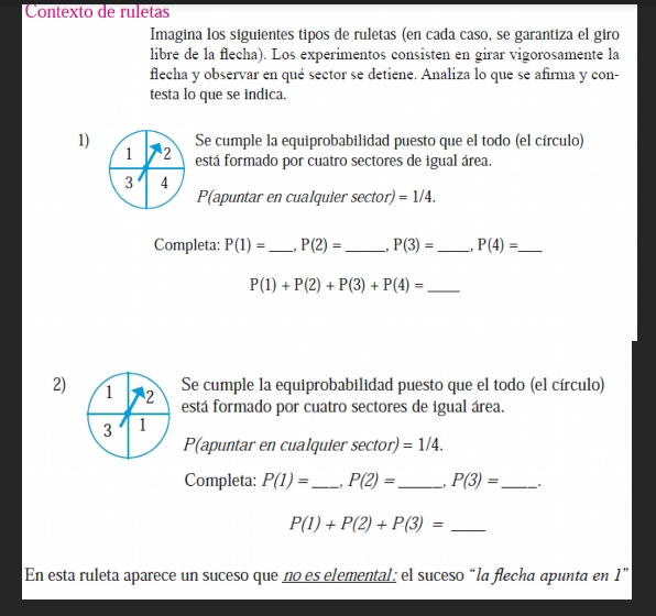 Contexto de ruletas 
Imagina los siguientes tipos de ruletas (en cada caso, se garantiza el giro 
libre de la flecha). Los experimentos consisten en girar vigorosamente la 
flecha y observar en qué sector se detiene. Analiza lo que se afirma y con- 
testa lo que se indica. 
1) Se cumple la equiprobabilidad puesto que el todo (el círculo) 
1 2 está formado por cuatro sectores de igual área.
3 4 
P(apuntar en cualquier sector) =1/4. 
Completa: P(1)= _ P(2)= _ P(3)= _ P(4)= _ 
_ P(1)+P(2)+P(3)+P(4)=
2) 1 2 
Se cumple la equiprobabilidad puesto que el todo (el círculo) 
está formado por cuatro sectores de igual área. 
3 1 
P(apuntar en cualquier sector) =1/4. 
Completa: P(1)= _ . P(2)= _ P(3)= _ a 
_ P(1)+P(2)+P(3)=
En esta ruleta aparece un suceso que no es elemental: el suceso “la flecha apunta en 1 ”