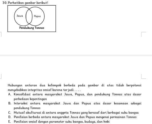 Perhatikan gambar berikut!
Hubungan antaran dua kelompok berbeda pada gambar di atas tidak berpotensi
menyebabkan integritas sosial karena terjadi . . . .
A. Konsolidasi antara masyarakat Jawa, Papua, dan pendukung Timnas atas dasar
perbedaan kepentingan
B. Interseksi antara masyarakat Jawa dan Papua atas dasar kesamaan sebagai
pendukung Timnas
C. Mutual akulturasi di antara anggota Timnas yang berasal dari berbagai suku bangsa
D. Penilaian berbeda antara masyarakat Jawa dan Papua mengenai permainan Timnas
E. Penilaian sosial dengan parameter suku bangsa, budaya, dan hobi