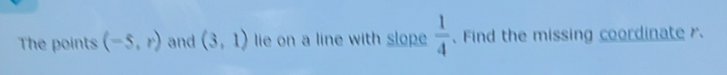 The points (-5,r) and (3,1) lie on a line with slope  1/4  、Find the missing coordinate