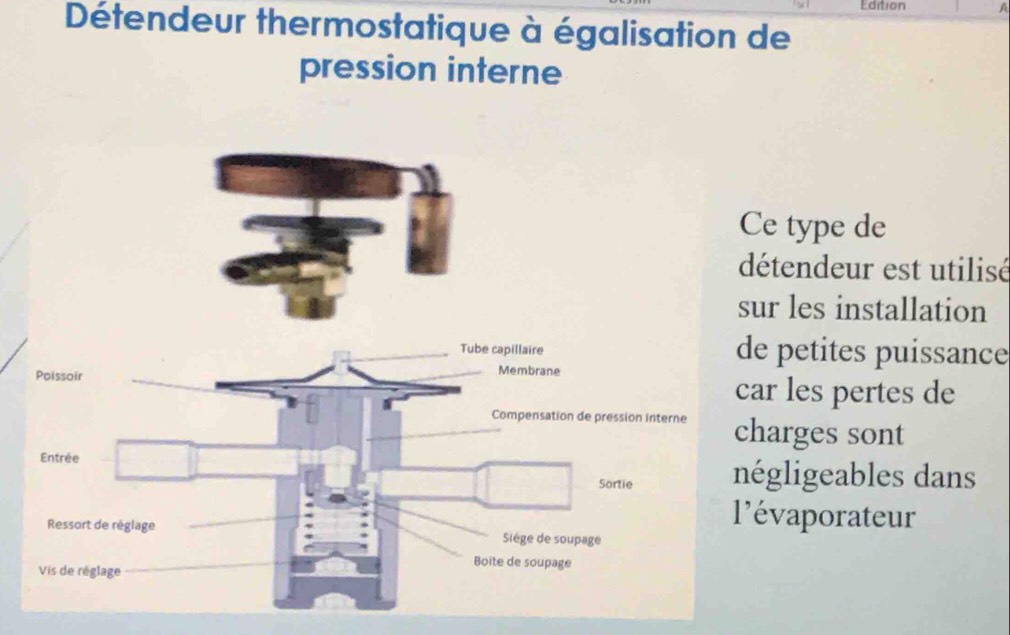 Edition A
Détendeur thermostatique à égalisation de
pression interne
type de
tendeur est utilisé
r les installation
petites puissance
les pertes de
arges sont
gligeables dans
vaporateur