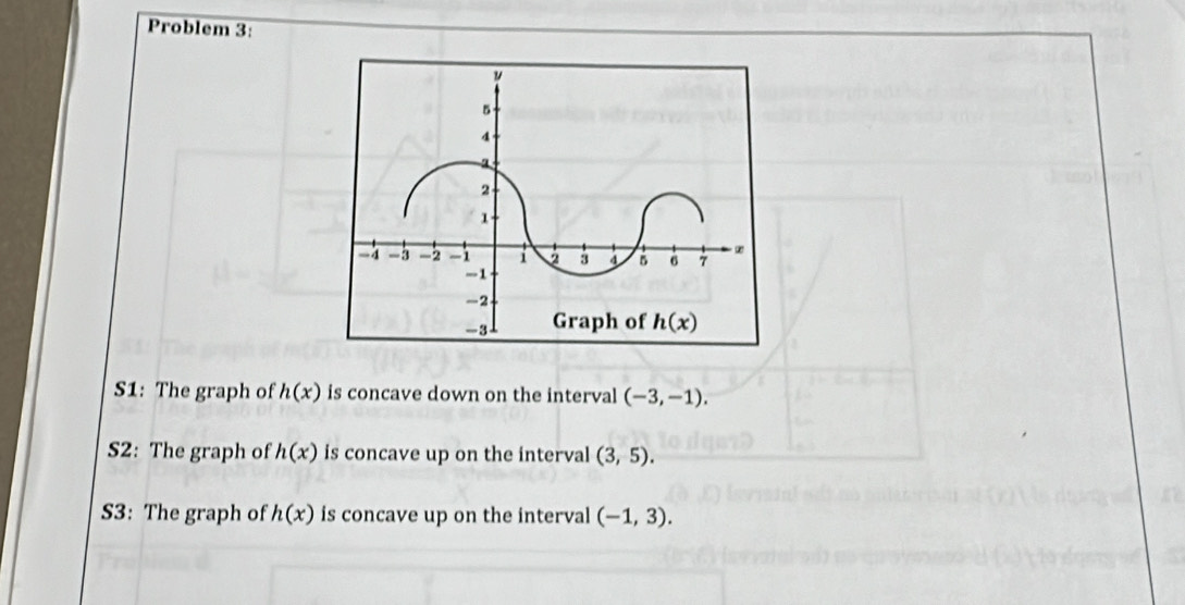 Problem 3:
S1: The graph of h(x) is concave down on the interval (-3,-1).
S2: The graph of h(x) is concave up on the interval (3,5).
S3: The graph of h(x) is concave up on the interval (-1,3).