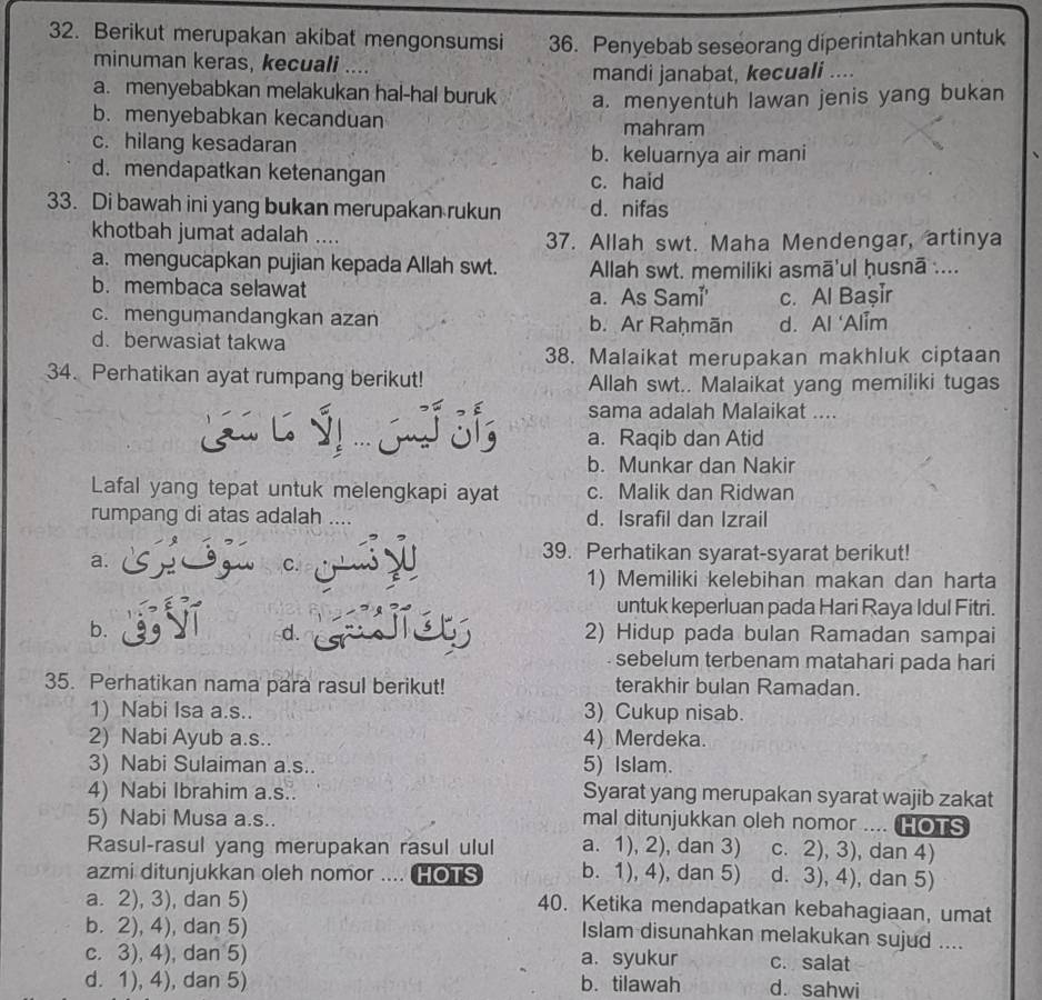 Berikut merupakan akibat mengonsumsi 36. Penyebab seseorang diperintahkan untuk
minuman keras, kecuali ....
a. menyebabkan melakukan hal-hal buruk mandi janabat, kecuali ....
b. menyebabkan kecanduan a. menyentuh lawan jenis yang bukan
mahram
c. hilang kesadaran
b. keluarnya air mani
d. mendapatkan ketenangan c. haid
33. Di bawah ini yang bukan merupakan rukun d.nifas
khotbah jumat adalah .... 37. Allah swt. Maha Mendengar, artinya
a. mengucapkan pujian kepada Allah swt.  Allah swt. memiliki asmā'ul ḥusnā ....
b. membaca selawat a. As Sami' c. Al Başir
c. mengumandangkan azan b. Ar Raḥmãn
d. berwasiat takwa d. Al ‘Alim
38. Malaikat merupakan makhluk ciptaan
34. Perhatikan ayat rumpang berikut! Allah swt.. Malaikat yang memiliki tugas
sama adalah Malaikat ....
G i ải a. Raqib dan Atid
b. Munkar dan Nakir
Lafal yang tepat untuk melengkapi ayat c. Malik dan Ridwan
rumpang di atas adalah . d. Israfil dan Izrail
39. Perhatikan syarat-syarat berikut!
a.  g C
1) Memiliki kelebihan makan dan harta
jisy
untuk keperluan pada Hari Raya Idul Fitri.
b. 2) Hidup pada bulan Ramadan sampai
d.
. sebelum terbenam matahari pada hari
35. Perhatikan nama para rasul berikut! terakhir bulan Ramadan.
1) Nabi Isa a.s.. 3) Cukup nisab.
2) Nabi Ayub a.s.. 4) Merdeka.
3) Nabi Sulaiman a.s.. 5) Islam.
4) Nabi Ibrahim a.s.. Syarat yang merupakan syarat wajib zakat
5) Nabi Musa a.s.. mal ditunjukkan oleh nomor .... HOTS
Rasul-rasul yang merupakan rasul ulul a. 1), 2), dan 3) c. 2), 3), dan 4)
azmi ditunjukkan oleh nomor  . HOTS b. 1), 4), dan 5) d. 3), 4), dan 5)
a. 2), 3), dan 5) 40. Ketika mendapatkan kebahagiaan, umat
b. 2), 4), dan 5)
Islam disunahkan melakukan sujud ....
c. 3), 4), dan 5) a. syukur c. salat
d. 1), 4), dan 5) b. tilawah d. sahwi