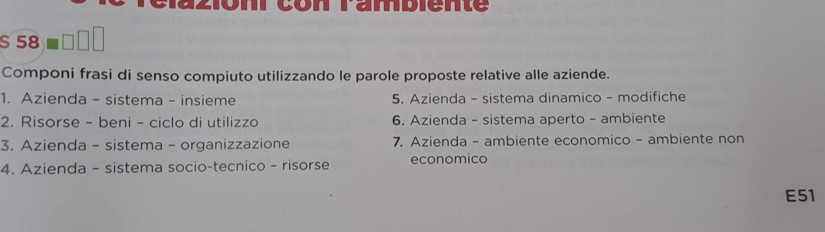 con rambiente 
S 58
Componi frasi di senso compiuto utilizzando le parole proposte relative alle aziende. 
1. Azienda - sistema - insieme 5. Azienda - sistema dinamico - modifiche 
2. Risorse - beni - ciclo di utilizzo 6. Azienda - sistema aperto - ambiente 
3. Azienda - sistema - organizzazione 7. Azienda - ambiente economico - ambiente non 
4. Azienda - sistema socio-tecnico - risorse 
economico 
E51