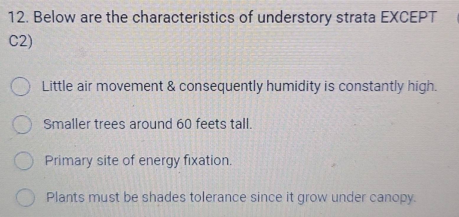 Below are the characteristics of understory strata EXCEPT
C2)
Little air movement & consequently humidity is constantly high.
Smaller trees around 60 feets tall.
Primary site of energy fixation.
Plants must be shades tolerance since it grow under canopy.