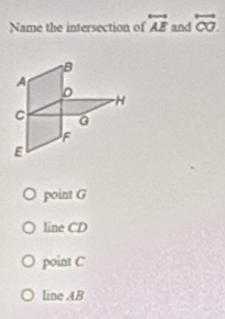 Name the intersection of overleftrightarrow AE and overleftrightarrow CO.
B
A
D
H
C G
JF
E
point G
line CD
point C
line AB