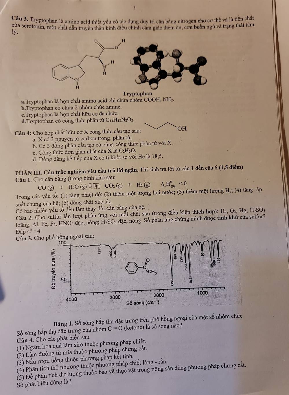 Tryptophan là amino acid thiết yếu có tác dụng duy trì cân bằng nitrogen cho cơ thể và là tiền chất
của serotonin, một chất dẫn truyền thần kinh điều chỉnh cảm giác thèm ăn, cơn buồn ngủ và trạng thái tâm
lý.
Tryptophan
a.Tryptophan là hợp chất amino acid chi chứa nhóm COOH,NH.
b.Tryptophan có chứa 2 nhóm chức amine.
c.Tryptophan là hợp chất hữu cơ đa chức.
d.Tryptophan có công thức phân tử C_11H_12N_2O_2.
Câu 4: Cho hợp chất hữu cơ X công thức cấu tạo sau:
OH
a. X có 3 nguyên tử carbon trong phân tử.
b. Có 3 đồng phân cấu tạo có cùng công thức phân tử với X.
c. Cộng thức đơn giản nhất của X 1aC_2H_5O.
d. Đồng đẳng kế tiếp của X có tỉ khối so với He là 18,5.
PHÀN III. Câu trắc nghiệm yêu cầu trả lời ngắn. Thí sinh trả lời từ câu 1 đến câu 6 (1,5 điểm)
Câu 1. Cho cân bằng (trong bình kín) sau:
CO(g)+H_2O(g)□ □ CO_2(g)+H_2(g) △ _rH_(298)^0<0</tex>
Trong các yếu tố: (1) tăng nhiệt độ; (2) thêm một lượng hơi nước; (3) thêm một lượng H_2; (4) tăng áp
suất chung của hệ; (5) dùng chất xúc tác.
Có bao nhiêu yếu tố đều làm thay đổi cân bằng của hệ.
Câu 2. Cho sulfur lần lượt phản ứng với mỗi chất sau (trong điều kiện thích hợp): 1 H_2,O_2,Hg,H_2SO_4
loãng, Al, Fe,F_2,HNO_3dac , nóng; H_2SO_4 a đặc, nóng. Số phản ứng chứng minh được tính khử của sulfur?
Đáp số : 4
Câu 3. Cho phổ hồng ngoại sau:
Bảng 1. Số sóng hấp thụ đặc trưng trên phổ hồng ngoại của một số nhóm chức
Số sóng hấp thụ đặc trưng của nhóm C=0 (ketone) là số sóng nào?
Câu 4. Cho các phát biểu sau
(1) Ngâm hoa quả làm siro thuộc phương pháp chiết.
(2) Làm đường từ mía thuộc phương pháp chưng cất.
(3) Nấu rượu uống thuộc phương pháp kết tinh.
(4) Phân tích thổ nhưỡng thuộc phương pháp chiết lỏng - rắn.
(5) Để phân tích dư lượng thuốc bảo vệ thực vật trong nông sản dùng phương pháp chưng cất.
Số phát biểu đúng là?