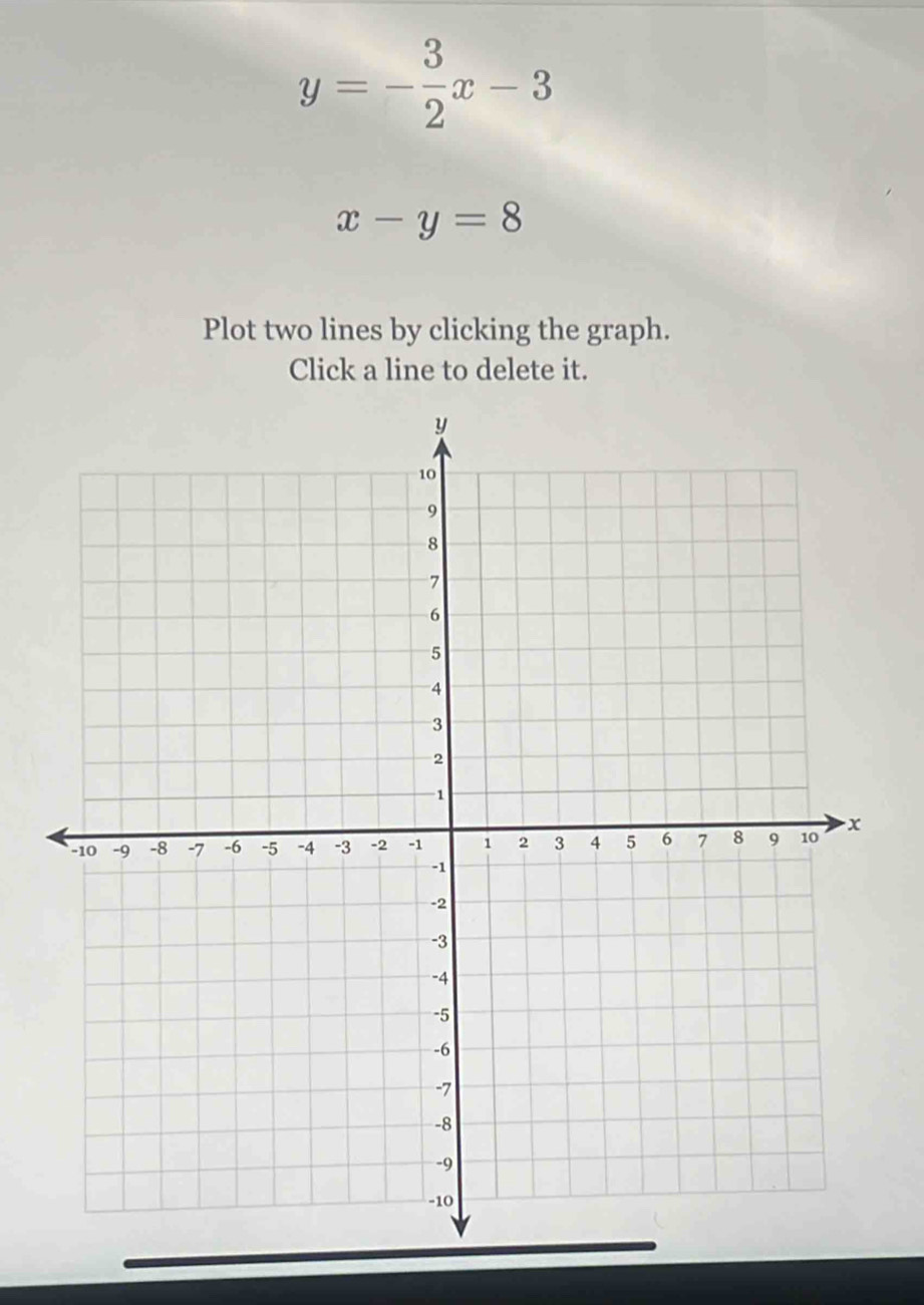 y=- 3/2 x-3
x-y=8
Plot two lines by clicking the graph.
Click a line to delete it.