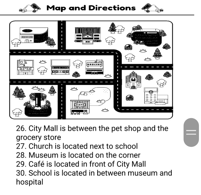 Map and Directions 
26. City Mall is between the pet shop and the 
grocery store 
27. Church is located next to school 
28. Museum is located on the corner 
29. Café is located in front of City Mall 
30. School is located in between museum and 
hospital