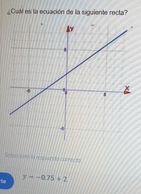 ¿Cuál es la ecuación de la siguiente recta? 
Seleccipne la respuesta carrecta 
to y=-0.75+2