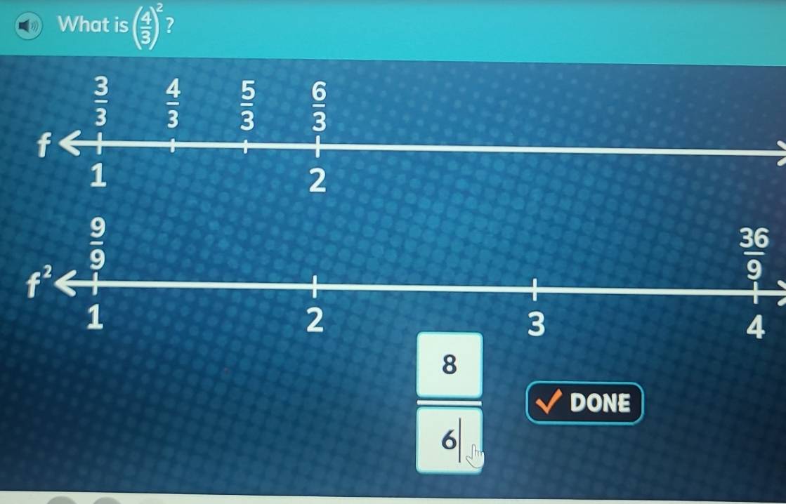 What is ( 4/3 )^2 ?
8
DONE
6