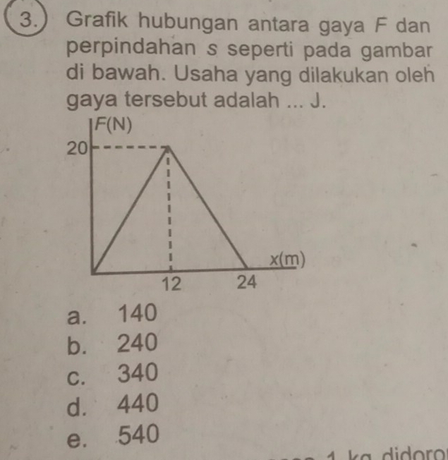 3. Grafik hubungan antara gaya F dan
perpindahan s seperti pada gambar
di bawah. Usaha yang dilakukan oleh
gaya tersebut adalah ... J.
a. 140
b. 240
c. 340
d. 440
e. 540