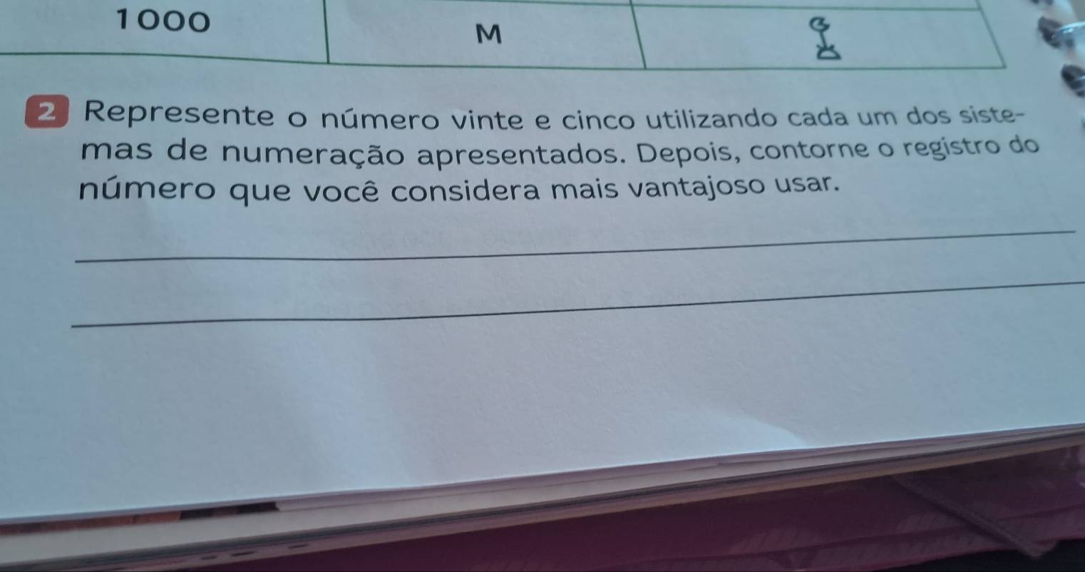 1000 
M 
2 Represente o número vinte e cinco utilizando cada um dos siste- 
mas de numeração apresentados. Depois, contorne o registro do 
número que você considera mais vantajoso usar. 
_ 
_