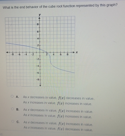 What is the end behavior of the cube root function represented by this graph?
A. As x decreases in value. f(x) decreases in value.
As x increases in value f(x) increases in value.
B. As x decreases in value. f(x) increases in value.
As x increases in value. f(x) increases in value.
C. As x decreases in value. f(x) increases in value.
As x increases in value. f(x) decreases in value.