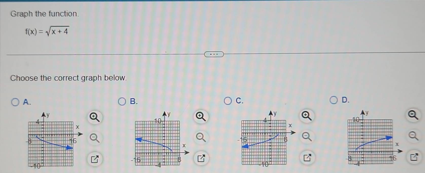 Graph the function.
f(x)=sqrt(x+4)
Choose the correct graph below. 
A. 
B. 
C. 
D.