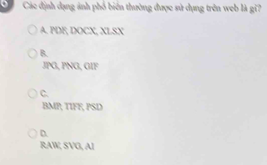 Các định dạng ảnh phổ biển thường được sử dụng trên web là gi?
A. PDE, DOCX, XLSX
B.
JPG, PNG, GIF
C.
BMP, TIFF, PSD
D.
RAW, SVG, AI