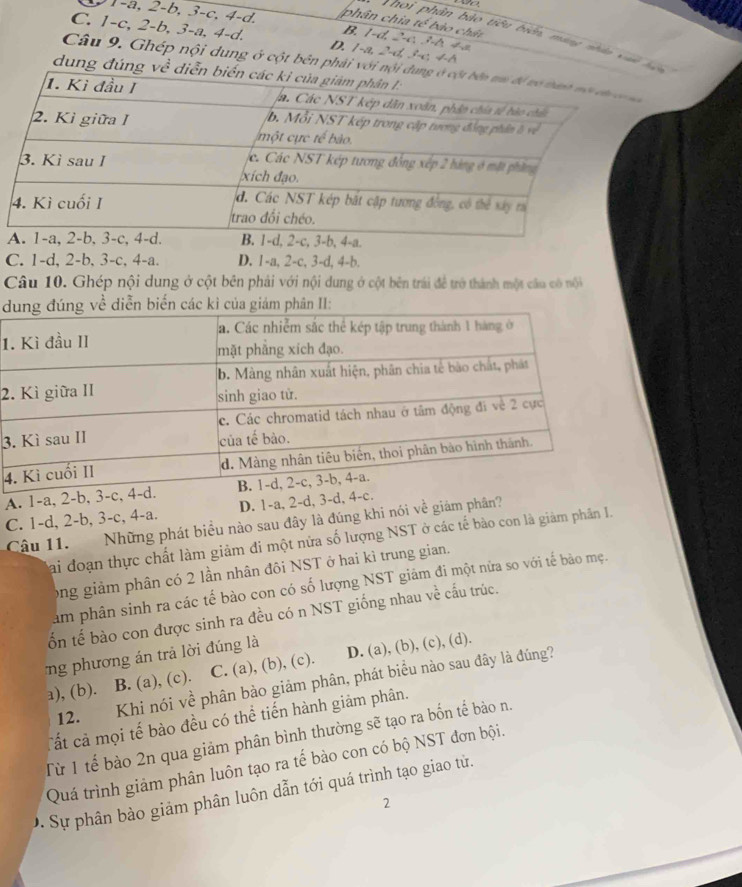 )1-a, 2-b, 3-c, 4-d. phân chia tế bào chất
Thoi phần bảo tiêu biển, mang nhân xia a
C. 1-c, 2-b, 3-a, 4-d. D. 1-a, 2-d, 3-c, 4-b
B.1-d. 2-c. 3-b 4a
Câu 9. Ghép nội dung ở cột bên phải v
dung đún
3-b, 4-a.
C. 1-d, 2-b, 3-c, 4-a. D. 1-a, 2-c, 3-d, 4-b.
Câu 10. Ghép nội dung ở cột bên phải với nội dung ở cột bên trái để trở thành một câu có nội
d
1
2
3
4
A. 1-a, 2-b, 3
C. 1-d, 2-b, 3-c, 4-a. D. 1-a, 2-d, 3-d, 4
Câu 11. Những phát biểu nào sau đây là đúng khi nói về giám phân?
Sai đoạn thực chất làm giảm đi một nửa số lượng NST ở các tế bào con là giảm phân I.
ong giảm phân có 2 lần nhân đôi NST ở hai kì trung gian.
am phân sinh ra các tế bào con có số lượng NST giảm đi một nửa so với tế bào mẹ.
ốn tế bào con được sinh ra đều có n NST giống nhau về cấu trúc.
ng phương án trả lời đúng là
a), (b). B. (a), (c). C. (a), (b), (c). D. (a), (b), (c), (d).
12. Khi nói về phân bào giảm phân, phát biểu nào sau đây là đúng?
Tất cả mọi tế bào đều có thể tiến hành giảm phân.
Từ 1 tế bào 2n qua giảm phân bình thường sẽ tạo ra bốn tế bào n.
Quá trình giảm phân luôn tạo ra tế bào con có bộ NST đơn bội.
D. Sự phân bào giảm phân luôn dẫn tới quá trình tạo giao từ.
2