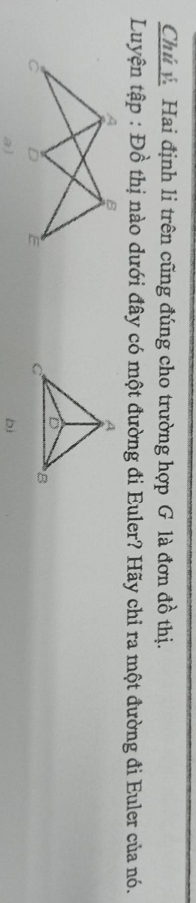 Chú Hai định li trên cũng đúng cho trường hợp G là đơn đồ thị. 
Luyện tập : Đồ thị nào dưới đây có một đường đi Euler? Hãy chỉ ra một đường đi Euler của nó. 
b)