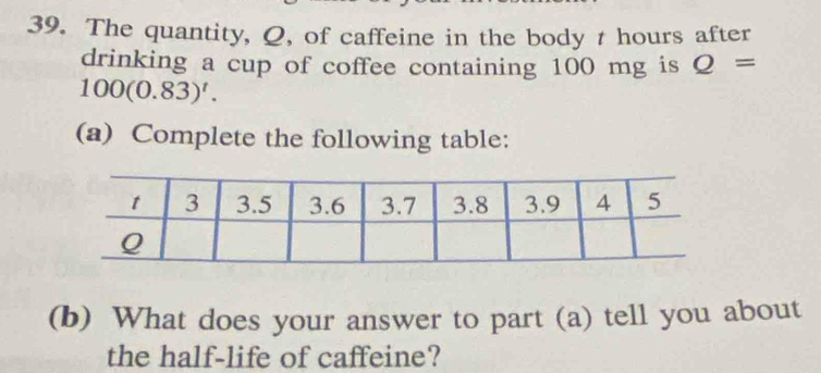 The quantity, Q, of caffeine in the body t hours after 
drinking a cup of coffee containing 100 mg is Q=
100(0.83)^t. 
(a) Complete the following table: 
(b) What does your answer to part (a) tell you about 
the half-life of caffeine?