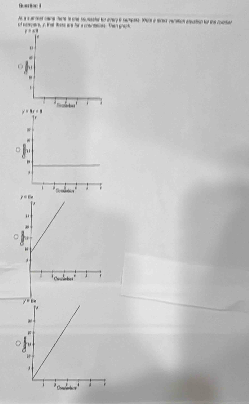 Gusstion 3
At a summer camp there is one counseler for svary i campens. Writs a direct vanstion aqusion for the number
of campers, y, that there are for s counssters. Then graph.
y=and
∵