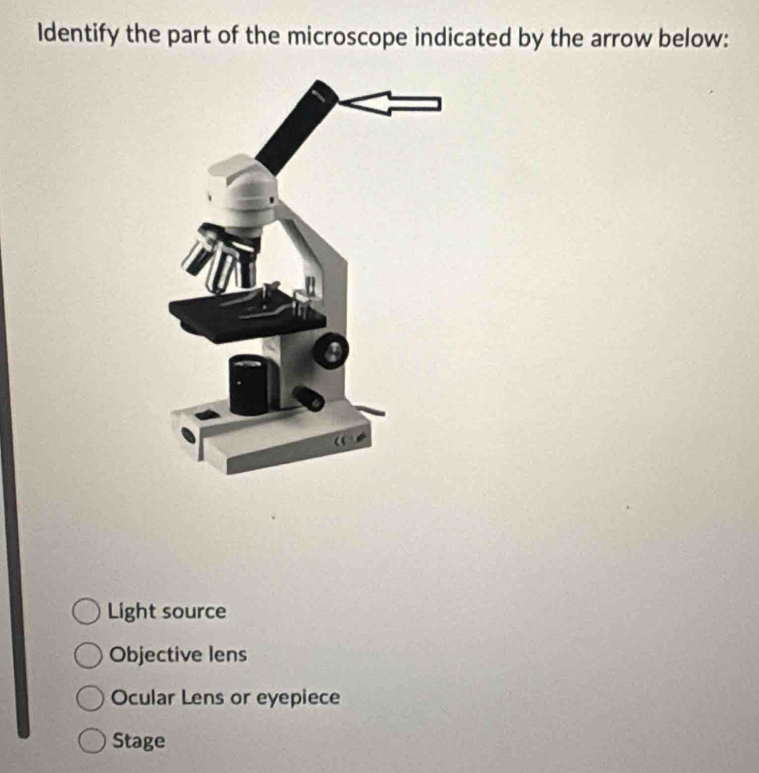 Identify the part of the microscope indicated by the arrow below:
Light source
Objective lens
Ocular Lens or eyepiece
Stage