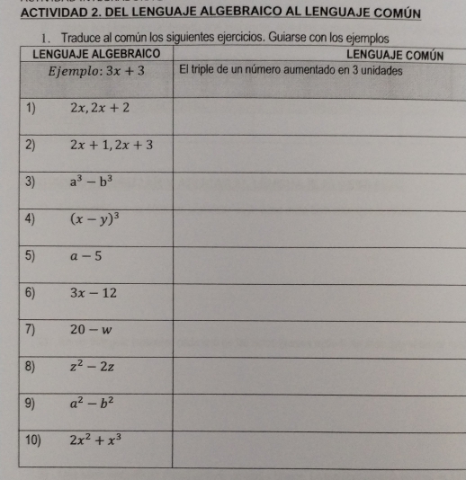 ACTIVIDAD 2. DEL LENGUAJE ALGEBRAICO AL LENGUAJE COMÚN