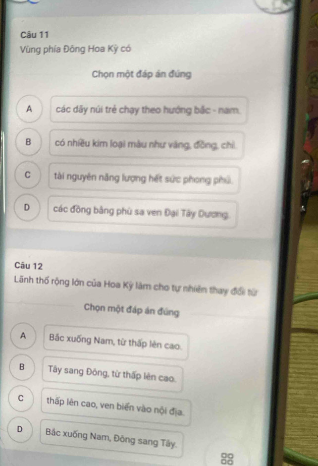 Vùng phía Đông Hoa Kỳ có
Chọn một đáp án đúng
A€ các dãy núi trẻ chạy theo hướng bắc - nam.
B có nhiều kim loại màu như vàng, đồng, chỉ
C tài nguyên năng lượng hết sức phong phú
D các đồng bằng phù sa ven Đại Tây Dương
Câu 12
Lãnh thố rộng lớn của Hoa Kỳ làm cho tự nhiên thay đổi từ
Chọn một đáp án đúng
A Bắc xuống Nam, từ thấp lên cao
B Tây sang Đông, từ thấp lên cao.
C thấp lên cao, ven biển vào nội địa.
D Bảc xuống Nam, Đông sang Tây.
88