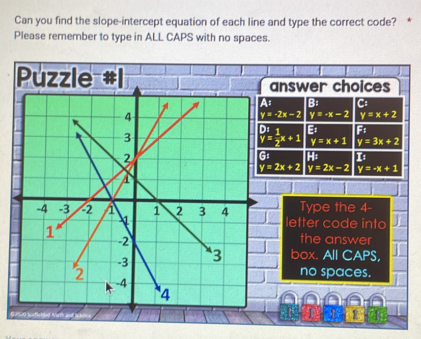 Solved: Can you find the slope-intercept equation of each line and type ...