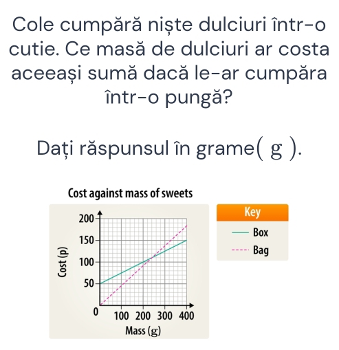 Cole cumpără niște dulciuri într-o 
cutie. Ce masă de dulciuri ar costa 
aceeași sumă dacă le-ar cumpăra 
într-o pungă? 
Dați răspunsul în grame( g ). 
Cost against mass of sweets 
Key 
_ 
Box 
_Bag 
Mass (g)