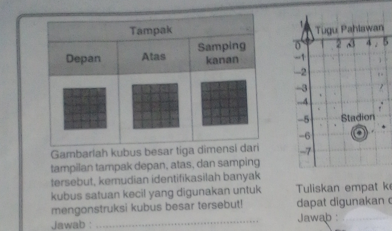 Gambarlah kubus besar tiga 
tampilan tampak depan, atas, dan samping 
tersebut, kemudian identifikasilah banyak 
kubus satuan kecil yang digunakan untuk Tuliskan empat k 
mengonstruksi kubus besar tersebut! dapat digunakan 
Jawab : _Jawab :