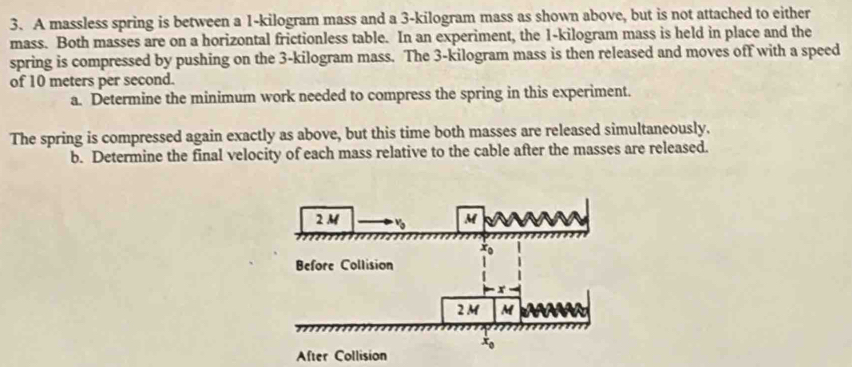 Solved: A massless spring is between a 1-kilogram mass and a 3-kilogram ...