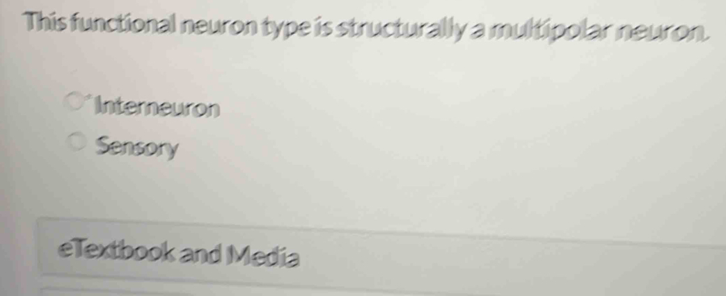 This functional neuron type is structurally a multipolar neuron.
Interneuron
Sensory
eTextbook and Media