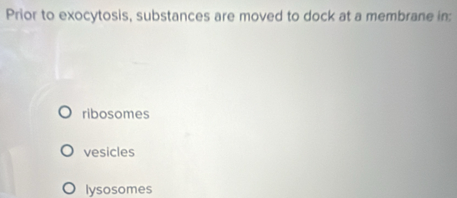 Prior to exocytosis, substances are moved to dock at a membrane in:
ribosomes
vesicles
lysosomes