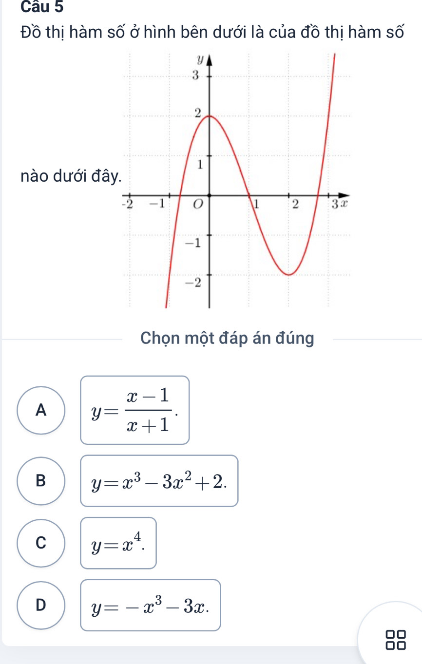 Đồ thị hàm số ở hình bên dưới là của đồ thị hàm số
nào dưới đâ
Chọn một đáp án đúng
A y= (x-1)/x+1 .
B y=x^3-3x^2+2.
C y=x^4.
D y=-x^3-3x.