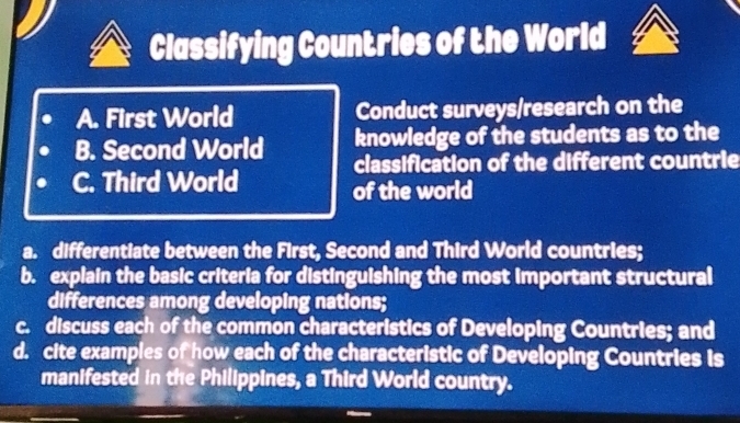 Classifying Countries of the World
A. First World Conduct surveys/research on the
knowledge of the students as to the
B. Second World classification of the different countrie
C. Third World of the world
a. differentiate between the First, Second and Third World countries;
b. explain the basic criteria for distinguishing the most important structural
differences among developing nations;
c. discuss each of the common characteristics of Developing Countries; and
d. cite examples of how each of the characteristic of Developing Countries is
manifested in the Philippines, a Third World country.