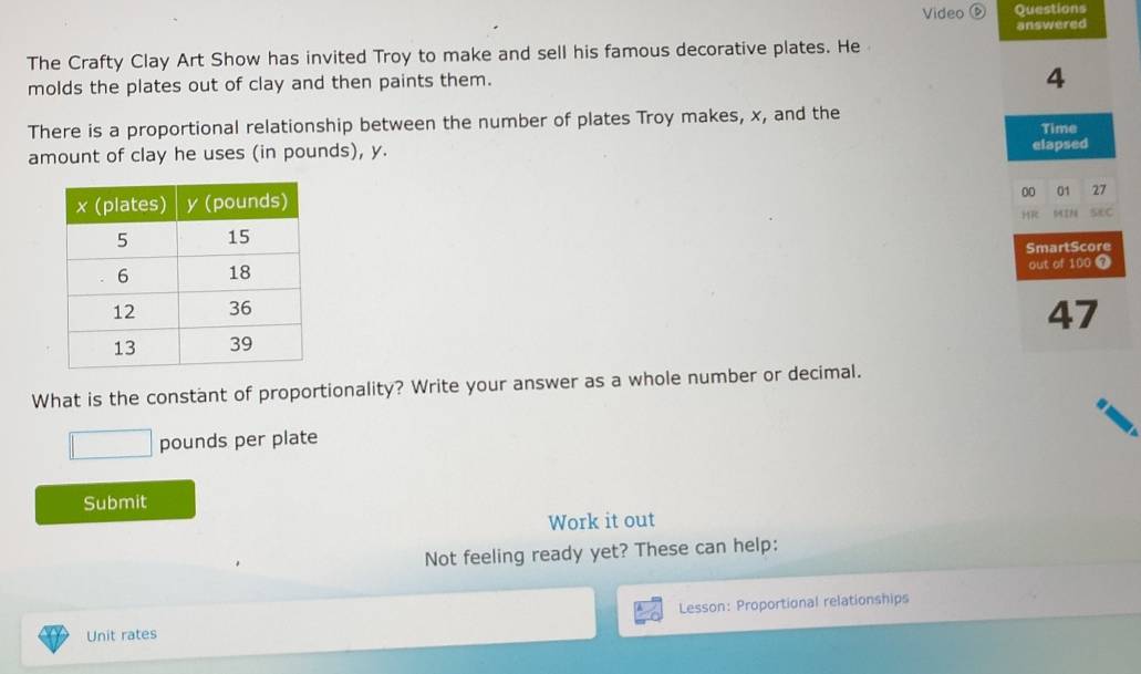 Video ☝ Questions 
answered 
The Crafty Clay Art Show has invited Troy to make and sell his famous decorative plates. He 
molds the plates out of clay and then paints them.
4
There is a proportional relationship between the number of plates Troy makes, x, and the 
Time 
amount of clay he uses (in pounds), y. elapsed 
00 01 27
SmartScore 
out of 100 9
47
What is the constant of proportionality? Write your answer as a whole number or decimal.
pounds per plate 
Submit 
Work it out 
Not feeling ready yet? These can help: 
Lesson: Proportional relationships 
Unit rates