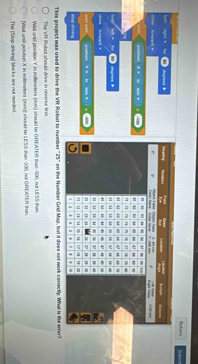 Return Submlt
turn right degrees 》 
rive forward = 
entl position xto In mm -100
yng 
tura Ion 00   degrees 
drive forward 
wat ontl. position mm -500
stop driving
This project was used to drive the VR Robot to number "25 25'' on the Number Grid Map, but it does not work correctly. What is the error?
The VR Robot should drive in reverse first.
Wait until position Y in millimeters (mm) should be GREATER than -500, not LESS than.
[Wait until position X in millimeters (mm)] should be LESS than -100, not GREATER than.
The [Stop driving] blocks are not needed.