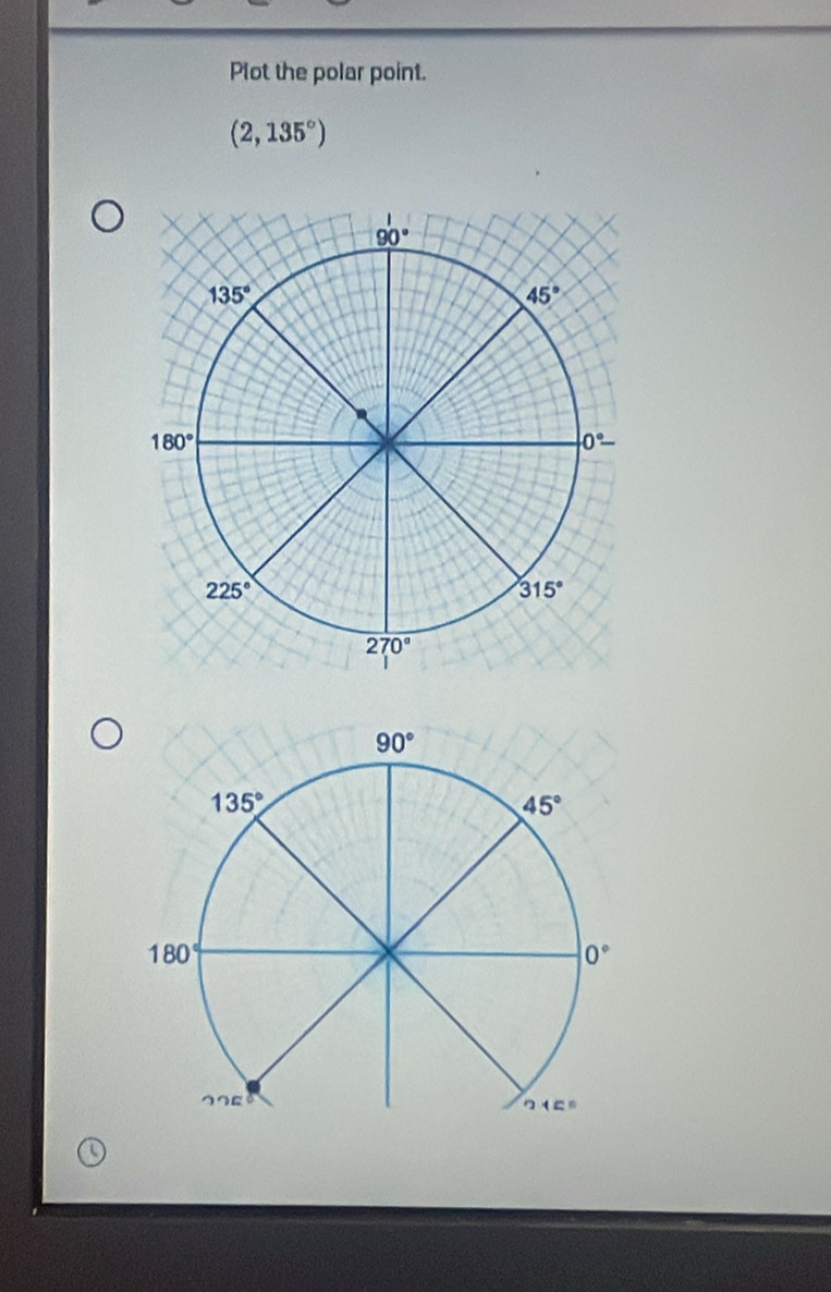 Plot the polar point.
(2,135°)